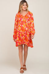 Coral Floral Button Front Ruffle Accent Maternity Dress