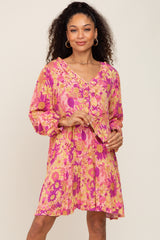 Pink Floral Button Front Ruffle Accent Maternity Dress