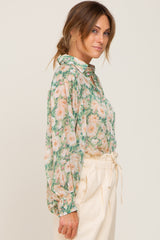 Green Floral Button Up Blouse