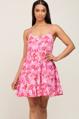 Pink Floral Sleeveless Tiered Maternity Mini Dress