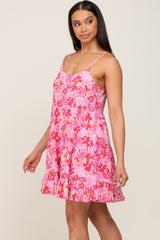 Pink Floral Sleeveless Tiered Mini Dress