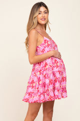 Pink Floral Sleeveless Tiered Maternity Mini Dress