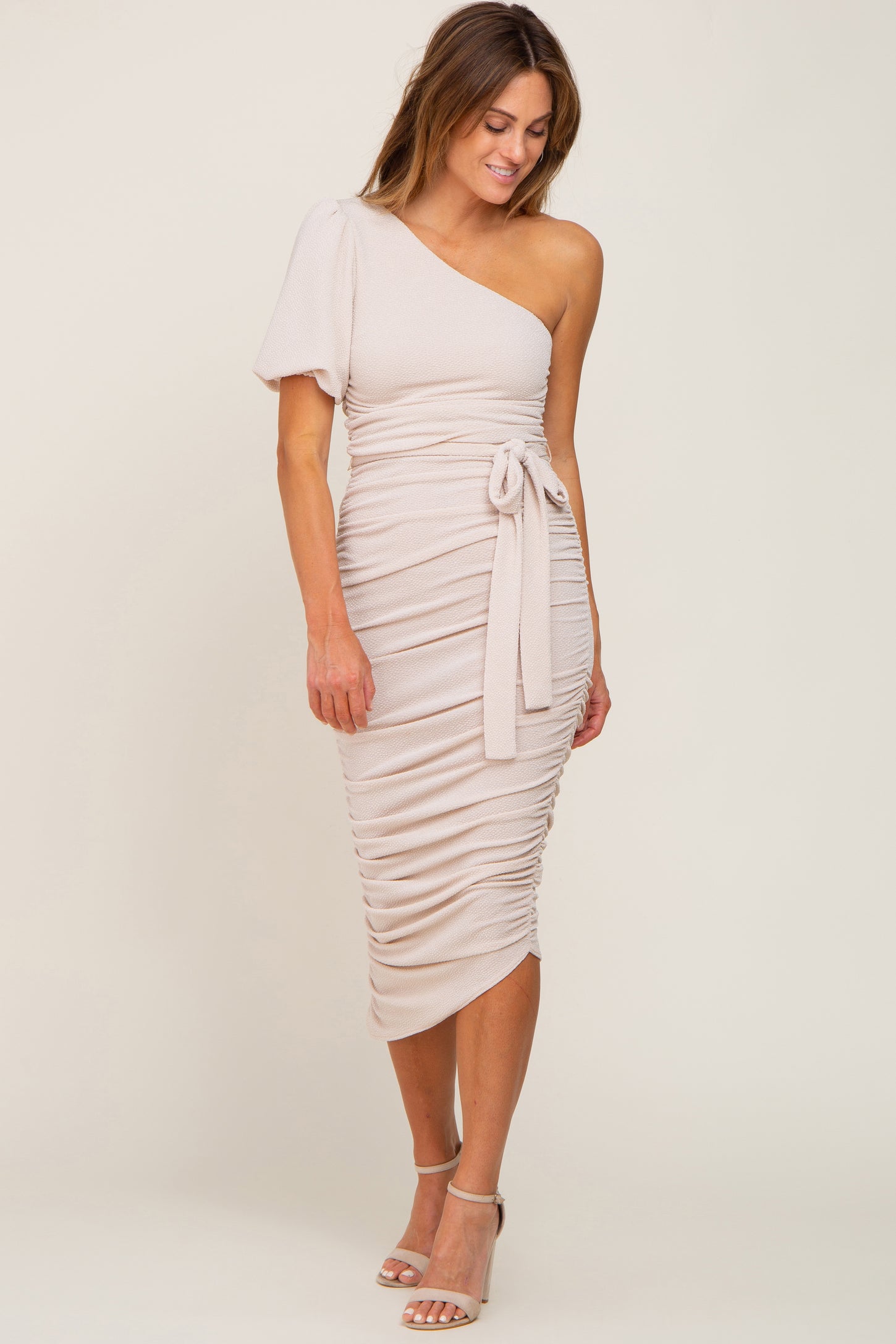 Beige Textured One Shoulder Ruched Dress– PinkBlush