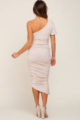 Beige Textured One Shoulder Ruched  Dress