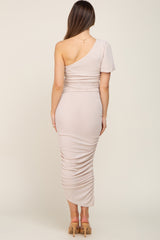 Beige Textured One Shoulder Ruched Maternity Dress