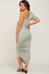 Light Olive Textured One Shoulder Ruched Maternity Dress