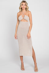 Ivory Striped Knit Front Cutout Maternity Midi Dress