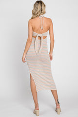 Ivory Striped Knit Front Cutout Midi Dress