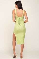 Lime Floral Ribbed Square Neck Back Tie Midi Dress