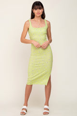 Lime Floral Ribbed Square Neck Back Tie Maternity Midi Dress