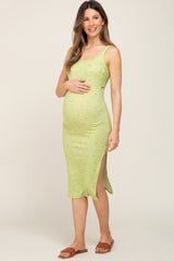 Lime Floral Ribbed Square Neck Back Tie Maternity Midi Dress