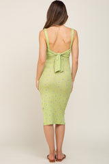 Lime Floral Ribbed Square Neck Back Tie Maternity Midi Dress