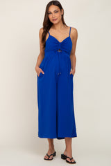 Royal Blue Sleeveless Ruched Drawstring Maternity Jumpsuit