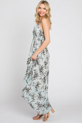 Light Blue Floral Lace Up Back Hi-Low Midi Dress