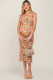 Mocha Floral Fitted Maternity Midi Dress