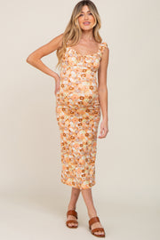 Peach Floral Fitted Maternity Midi Dress