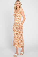 Peach Floral Fitted Maternity Midi Dress