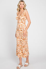 Peach Floral Fitted Midi Dress