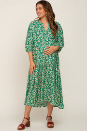 Green Floral V-Neck Tiered Maternity Midi Dress