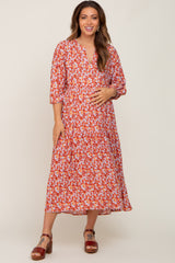 Coral Floral V-Neck Tiered Maternity Midi Dress