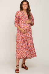 Coral Floral V-Neck Tiered Maternity Midi Dress