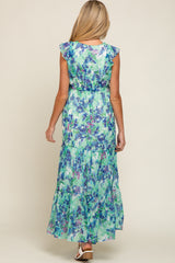 Blue Floral Ruffle Accent Waist Tie Maternity Maxi Dress