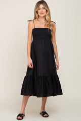 Black Smocked Shoulder Tie Maternity Midi Dress