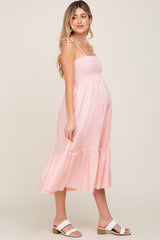 Pink Smocked Shoulder Tie Maternity Midi Dress