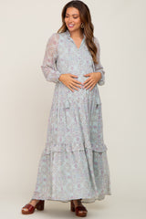 Mint Green Printed Long Sleeve Maternity Maxi Dress