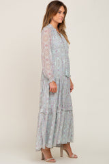 Mint Green Printed Long Sleeve Maxi Dress