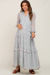 Mint Green Printed Long Sleeve Maternity Maxi Dress