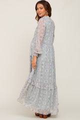 Mint Green Printed Long Sleeve Maternity Maxi Dress