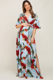 Blue Floral Smocked Waist Maternity Maxi Dress