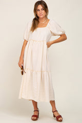 Cream Off Shoulder Short Sleeve Ruffle Tiered Maternity Midi Dress