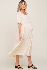 Cream Off Shoulder Short Sleeve Ruffle Tiered Maternity Midi Dress