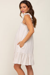 Beige Linen Square Neck Tie Strap Ruffle Hem Maternity Dress