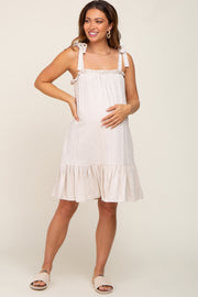 Beige Linen Square Neck Tie Strap Ruffle Hem Maternity Dress