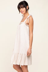 Beige Linen Square Neck Tie Strap Ruffle Hem Dress