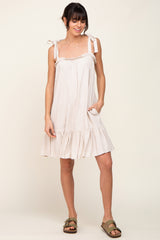 Beige Linen Square Neck Tie Strap Ruffle Hem Dress