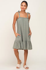 Light Olive Linen Square Neck Tie Strap Ruffle Hem Maternity Dress