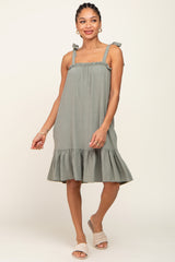 Light Olive Linen Square Neck Tie Strap Ruffle Hem Dress