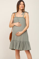 Light Olive Linen Square Neck Tie Strap Ruffle Hem Maternity Dress