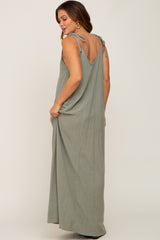 Light Olive Linen V-Neck Tie Strap Maternity Maxi Dress