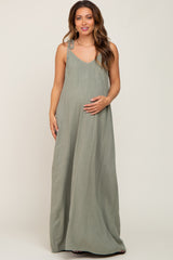 Light Olive Linen V-Neck Tie Strap Maternity Maxi Dress