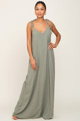 Light Olive Linen V-Neck Tie Strap Maternity Maxi Dress