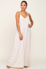 Beige Linen V-Neck Tie Strap Maternity Maxi Dress