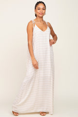 Beige Striped Tie Strap Maxi Dress