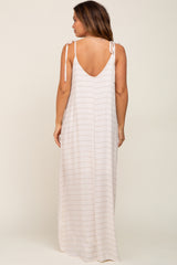 Beige Striped Tie Strap Maternity Maxi Dress