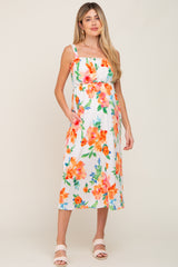 Ivory Floral Square Neck Ruffle Maternity Midi Dress