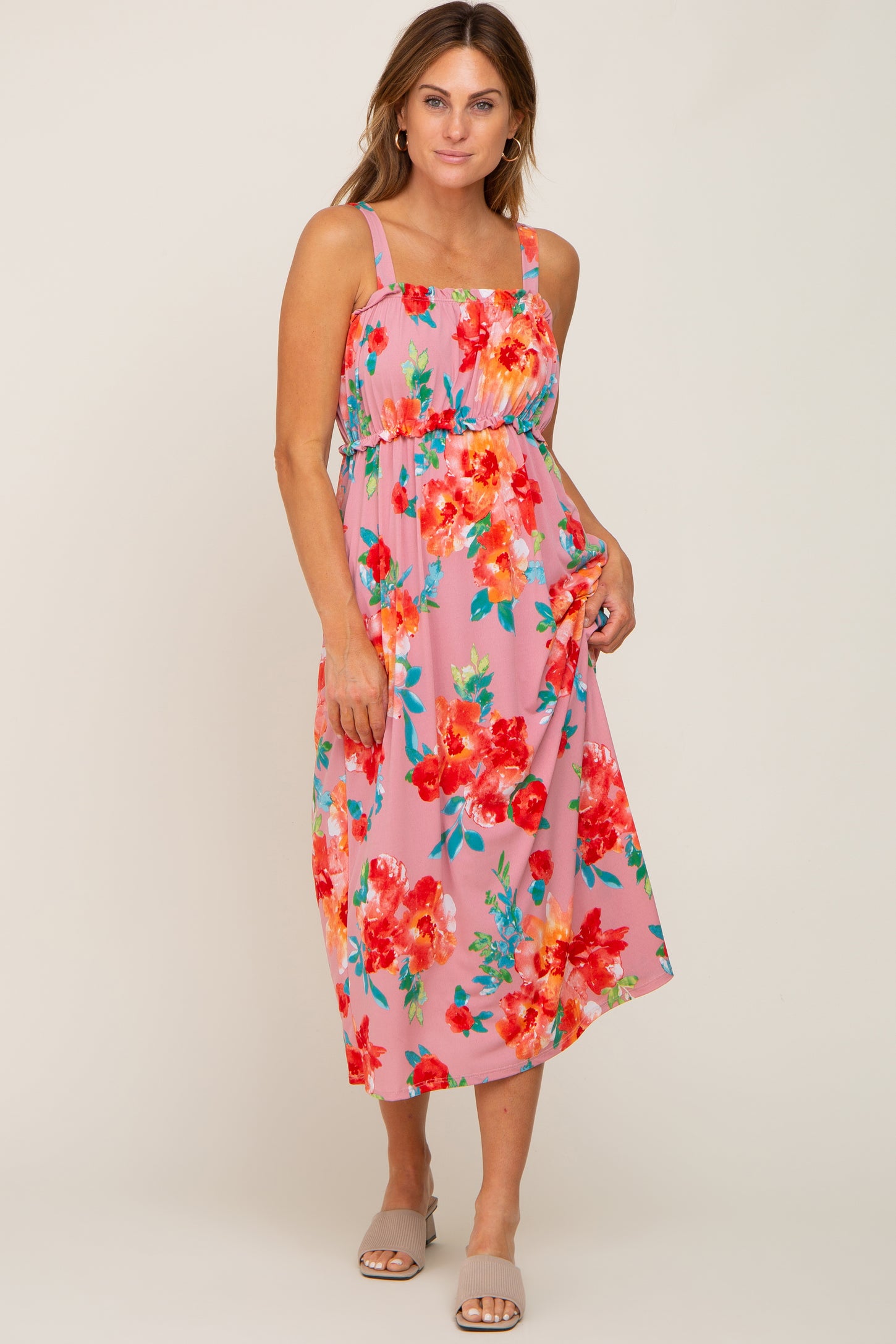 Pink Floral Square Neck Ruffle Midi Dress – PinkBlush